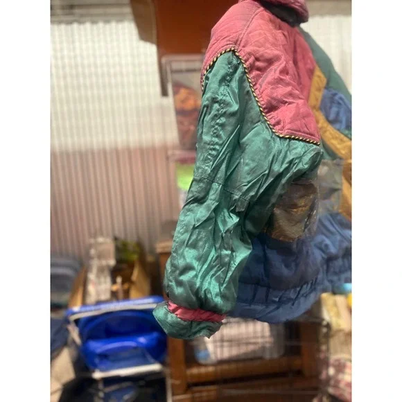Vintage 80s groovy Bomber Jacket Metallic Teal Pink Gold Women's Size Large - Picture 7 of 12